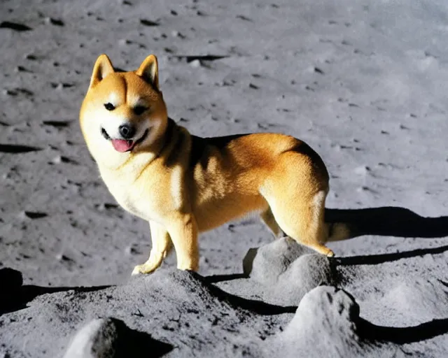 Prompt: hyper realistic shiba on the moon, first shiba on the moon, 9 0's photograph