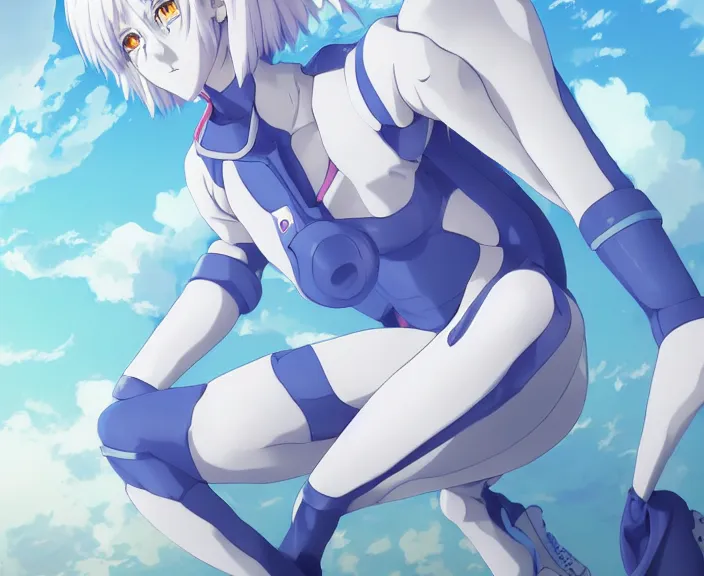 Image similar to anime art, fullbody shot of female rei ayanami, evangelion, long blue hair and large eyes, finely detailed perfect face, in a pale skintight plugsuit, sitting on rooftop, flooded city, trending on pixiv fanbox, by ilya kuvshinov, sola digital arts,, raytracing