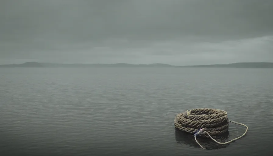 Image similar to rope floating to surface of water in the middle of the lake, overcast lake, 2 4 mm leica anamorphic lens, moody scene, stunning composition, hyper detailed