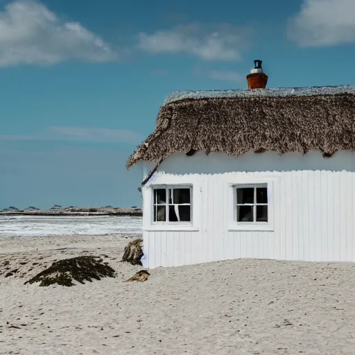 Prompt: a whitewashed cottage on a windswept beach