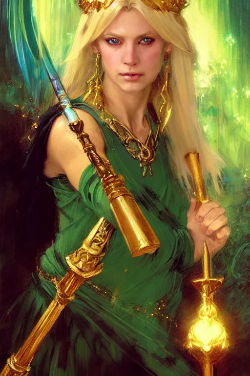 Prompt: blonde female wizard in a green dress, holding a magical sceptre, and wearing a gold ring portrait dnd, painting by gaston bussiere, craig mullins, greg rutkowski, yoji shinkawa