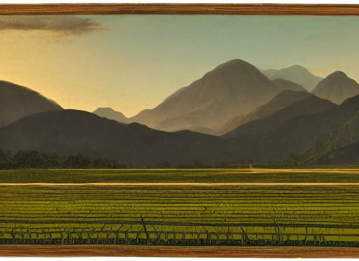 Image similar to painting of a rice paddy with two big mountains in the background, a wide asphalt road divides paddy field in the middle composition, big yellow sun rising between 2 mountains, old master masterpiece