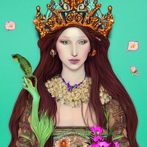 Prompt: a hyperrealistic picture of a beautiful queen with long pink hair and green eyes, sitting on a carved throne with intricate details of flowers with a background of aquatic life