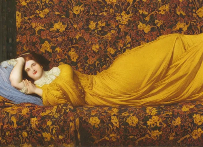 Image similar to portrait of lady reclining on bed, wearing yellow ochre ornate medieval dress, preraphaelite colour photography by frederic leighton, william morris, 8 k