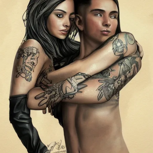 Prompt: Hot young woman, grey skin, tattoos, wearing leather and cuddling her little brother concept art