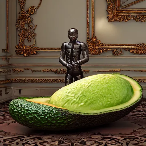 Image similar to avocado man going to sleep in a comfy bed intricate detail, finely detailed, small details, extra detail, photorealistic, high resolution, vray, hdr, hyper detailed, insane details, intricate, elite, ornate, elegant, luxury, dramatic lighting, octane render, weta digital, micro details, 3 d sculpture
