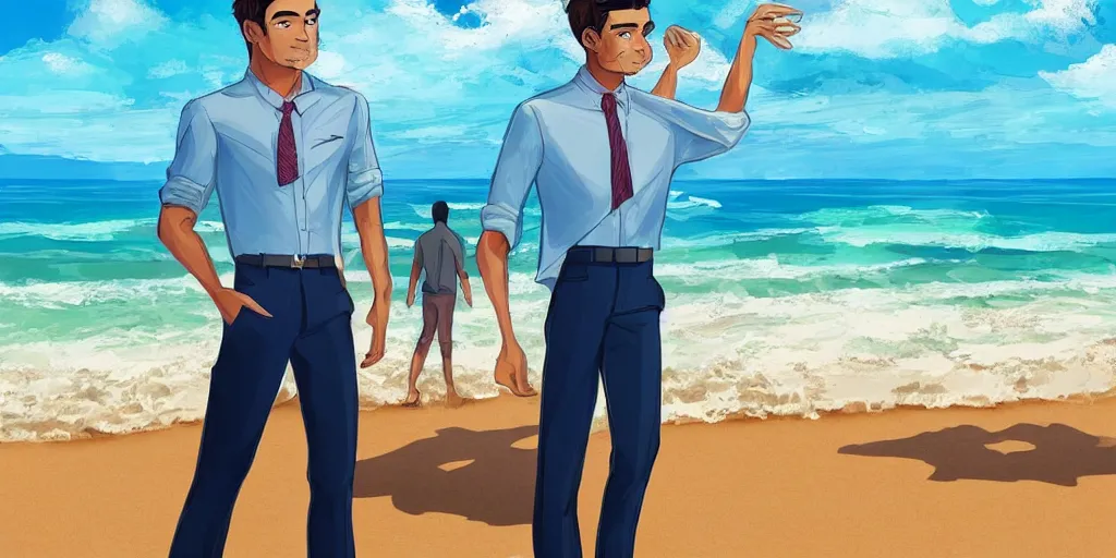 Image similar to a handsome guy is standing tall, in a beautiful shirt, with the beach, sea, sun, rays in the background? super detail, one character