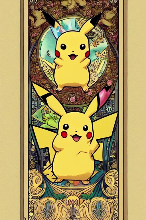 Image similar to Pikachu tarot card, art nouveau style, painterly, digital art, ornate borders, intricate details, dream atmosphere, light toned, pastel colors, cute, adorable, concept art, Pixiv, Deviantart, Behance, trending on artstation, by Naoki Saito and James jean and James Gurney and Alphonse Mucha