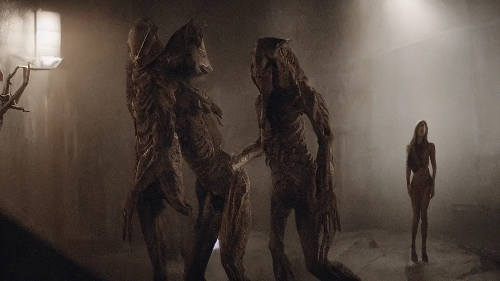 Image similar to movie scene of a human girl and a reptilian humanoid, reptile, reptilian, movie still, cinematic composition, cinematic light, criterion collection, re imagined by industrial light and magic, Movie by Andrzej Żuławski