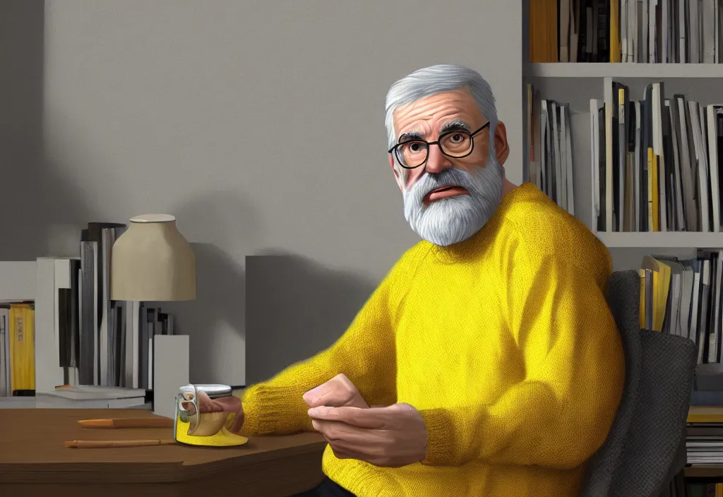 Image similar to Gray bearded professor sits in his study wearing a yellow sweater, hyperrealistic, portrait, concept art, illustration, 8k, artstation, digital painting