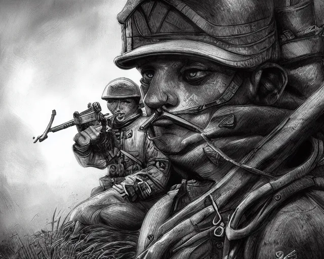 Image similar to A soldier cat in a world war 1 trench, close-up, black and white, amazing digital art, hyper detailed, artstation, in the style of Tony Sart