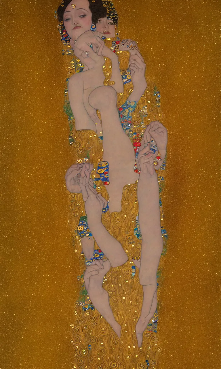 Prompt: a human figure in state of bliss and enlightenment, fireworks, intense sunshine, in the style of Gustav Klimt, 8k, extremely detailed, Trending on artstation, golden color scheme
