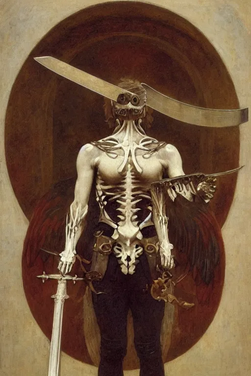 Image similar to portrait of a skeleton warrior with big sword, wearing helmets and armor with wings, symmetrical, solemn, sacred, aura, by bouguereau