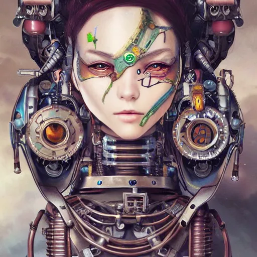 Image similar to portrait painting of a steampunk cyborg robot princess, ultra realistic, concept art, studio ghibli, intricate details, eerie highly detailed