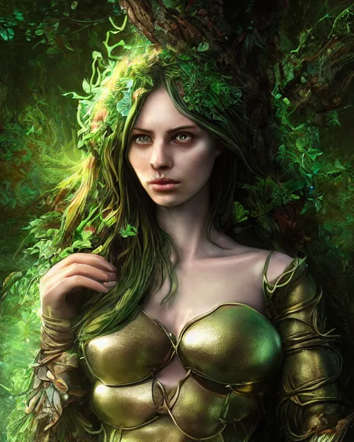 Prompt: high definition photograph female fantasy character art, hyper realistic, pretty face, hyperrealism, iridescence water elemental, snake skin armor forest dryad, woody foliage, 8 k dop dof hdr fantasy character art, by aleski briclot and alexander'hollllow'fedosav and laura zalenga