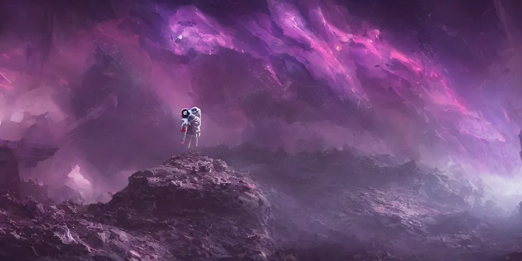 Prompt: one small astronaut standing in the ruins of crux prime, purple fiery maelstrom in the distance, digital art, artstationhq