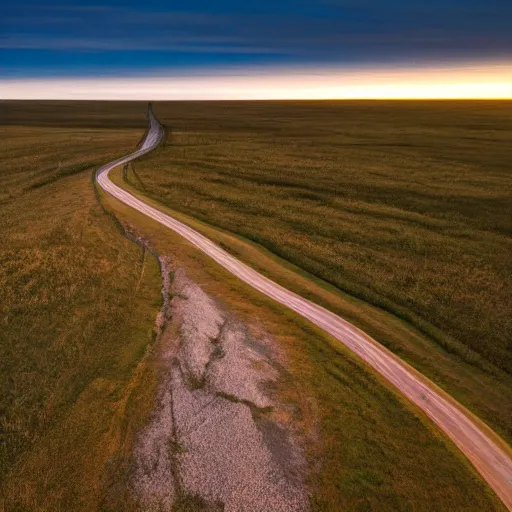 Image similar to wide angle photograph of a road cutting through an empty prairie that leading out into space, twilight, fine details