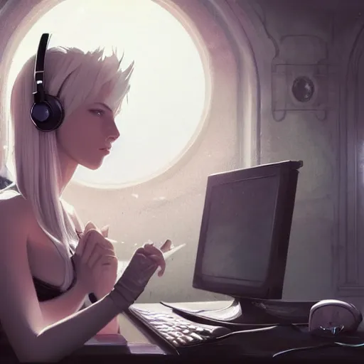 Prompt: a blonde miqo'te sitting in front of a computer wearing headphones, in the style of greg rutkowski, fantasy, amazing detail, epic, elegant, smooth, sharp focus