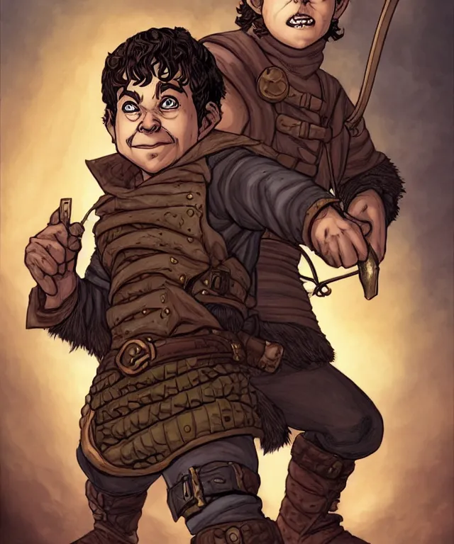 Image similar to a ( fantasy comic ) ( cover art ) portrait of a halfling burglar who looks like ( rick moranis ), digital illustration by jenny frison and sana takeda and kentaro miura, fine inking lines, dnd, highly detailed!, hd, 4 k, trending on artstation