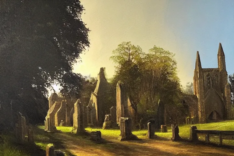 Image similar to a detailed oil painting of darth vader leaving a medieval flint church,, quaint english, churchyard, trees, golden hour