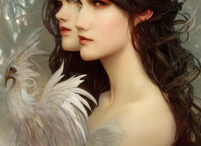 Image similar to a beautiful angel with feathered white wings, d & d, face, fantasy, intricate, elegant, highly detailed, digital painting, artstation, concept art, smooth, sharp focus, illustration, art by artgerm and greg rutkowski and alphonse mucha