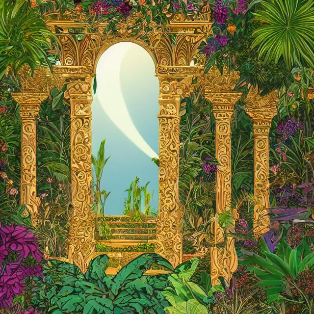 Prompt: 2 d vector, garden, hanging garden of babylon, oasis, exotic flowers, plant life, garden of eden, pillars, gold accent, fountain, ornate, peaceful, light, vivid, surreal, temple, arches, detailed, heaven, nirvana