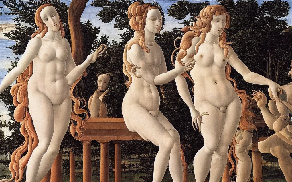 Image similar to sandro botticelli. very soft, delicate light. venus standing on a park bench in a modern city.