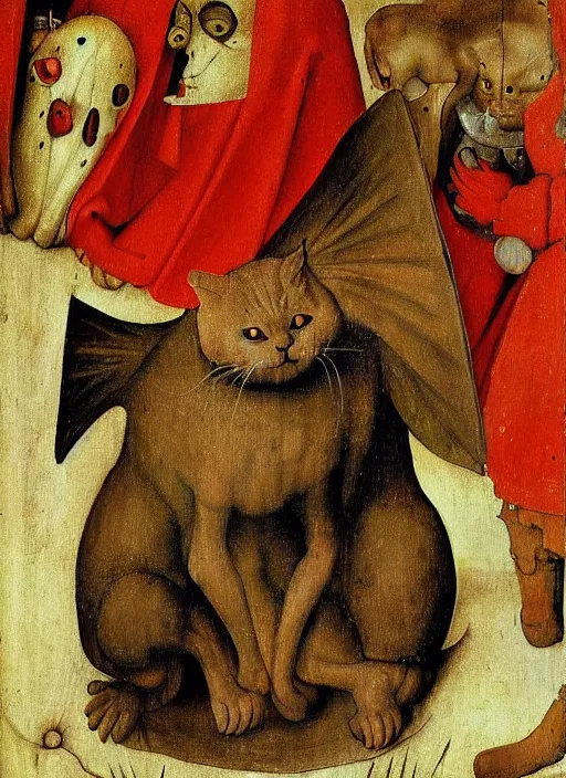 Image similar to red devil cat, Medieval painting by Jan van Eyck, Hieronymus Bosch, Florence