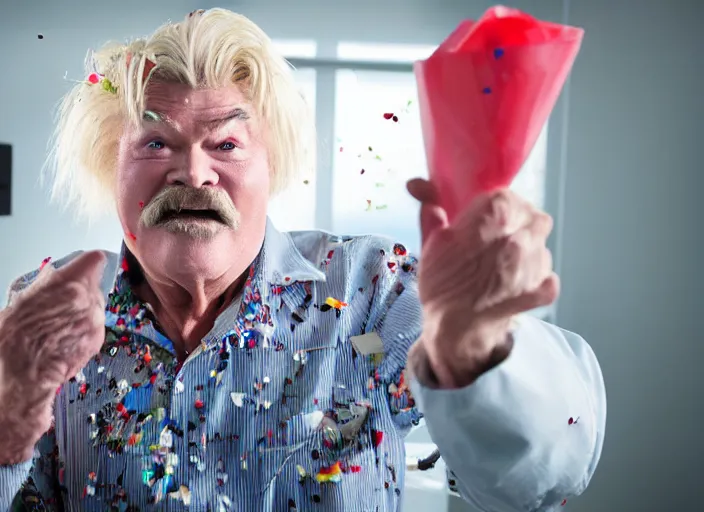 Image similar to photo still of rip taylor in patient surgery room!!!!!!!! at age 5 4 years old 5 4 years of age!!!!!!! throwing confetti from a bucket, 8 k, 8 5 mm f 1. 8, studio lighting, rim light, right side key light