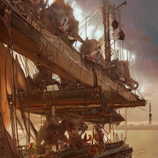 Image similar to giant rats on a ship lower deck, D&D, fantasy, highly detailed, digital painting, artstation, smooth, sharp focus, illustration, art by artgerm and greg rutkowski and alphonse mucha