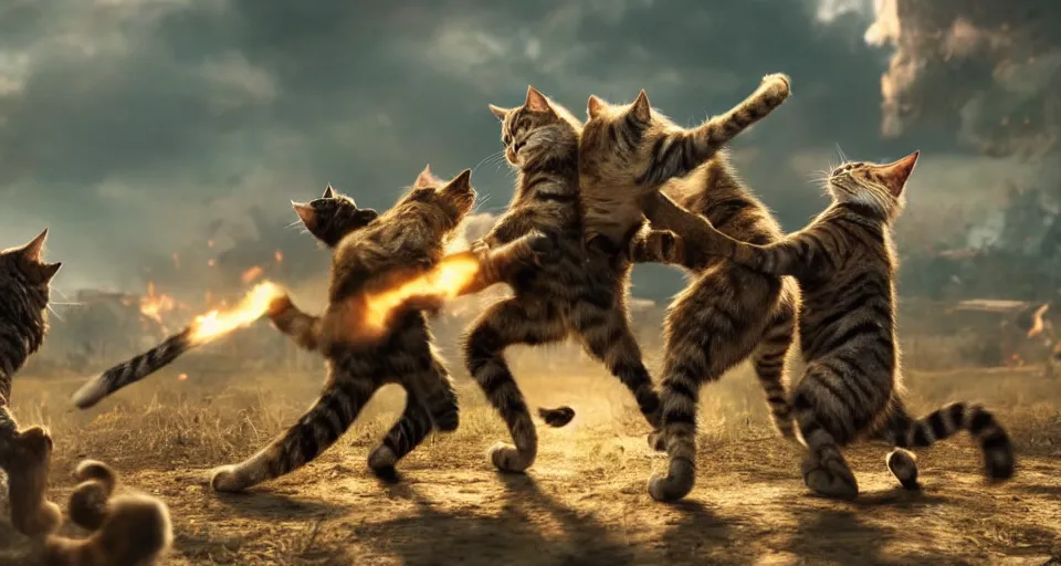 Prompt: epic battle scene of cats fighting humans, the last stand, Epic Background, highly detailed, sharp focus, 8k, 35mm, cinematic lighting