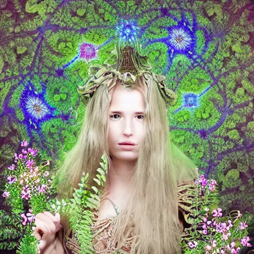 Image similar to an knight, stern face, clear eyes, shining armour made of steel and flowers, and fractal flowery hair in a fractal garden, glowing delicate flower and ferns that grow in a dark fatansy forest,