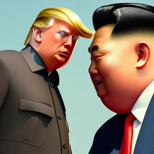 Prompt: Donald Trump poking Kim Jong un's nose, octane render, Ray tracing reflection, natural lighting, full body
