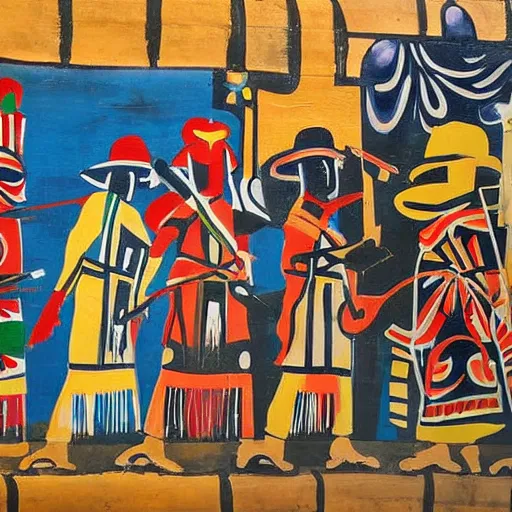 Prompt: Mural painting from a culture inspired by cowboys, Tuaregs and samurais