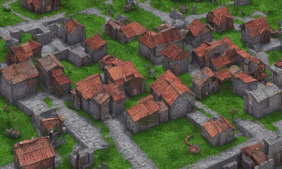 Image similar to Isometric 3D model of a medieval village, highly detailed, Unreal Engine, Blender, 4K