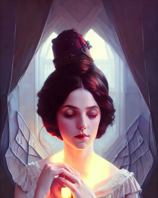 Image similar to fantasy stylized portrait by aykutmakut of an artistic pose, composition, young victorian sleeping fancy lady, cinematic moody colors, realistic shaded, fine details, realistic shaded lighting poster by ilya kuvshinov, magali villeneuve, artgerm, jeremy lipkin and michael garmash and rob rey