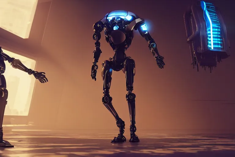 Image similar to cyberpunk alien concept inspired robot, futuristic look, highly detailed body, very powerful, photorealistic camera shot, bright studio setting, studio lighting, crisp quality and light reflections, unreal engine 5 quality render