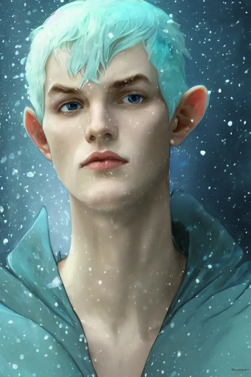 Image similar to portrait of a handsome pointy - eared male snow elf in a turquoise cape, albino skin, androgynous face, mid - shot, moonlight snowing, ethereal opalescent mist, winter vibes, perfect face, elegant, very coherent symmetrical artwork, by greg rutkowski, alphonse mucha, charlie bowater, trending on artstation