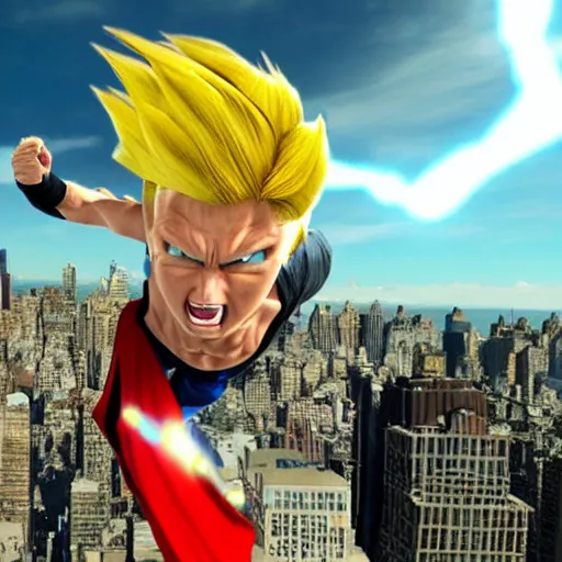 Prompt: photo realistic super sayan trump flying in the sky and prepare a kamehameha above new york city. high details, intricate, unreal engine 5.