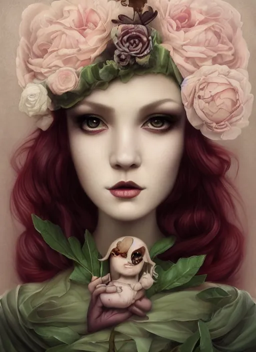 Image similar to pop surrealism, lowbrow art, realistic cute seductive female painting, romantic gown, hyper realism, muted colours, rococo, serafleur, natalie shau tom bagshaw, mark ryden, trevor brown style,