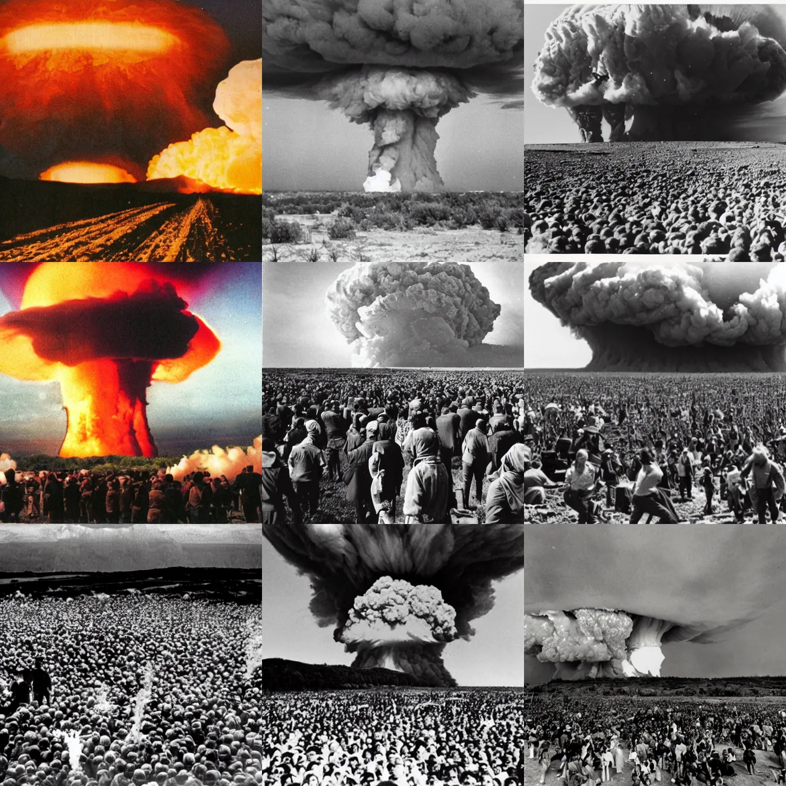 Prompt: hundreds of people around a nuclear explosion