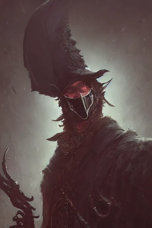 Image similar to A fancy portrait of a occultist wearing a beak mask by Greg Rutkowski, Dan Mumford, Christophe Vacher, Sung Choi, Mitchell Mohrhauser, Johnson Ting, Bloodborne, 8k photorealistic, volumetric lighting, HD, high details, dramatic, dark atmosphere, trending on artstation