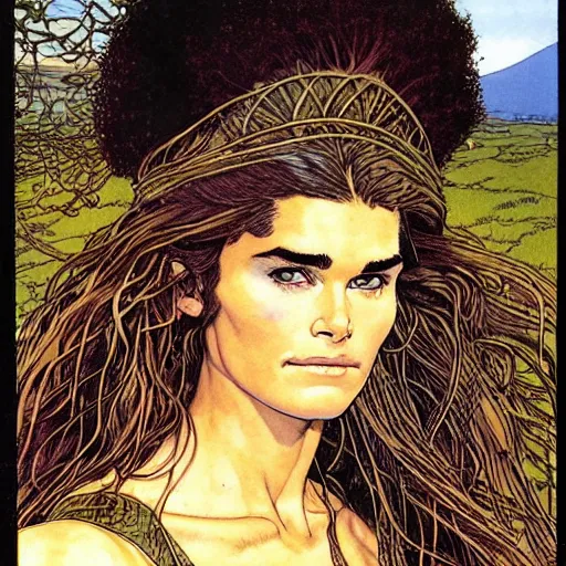 Image similar to a realistic, very beautiful and atmospheric portrait of young brooke shields aged 1 8 as a druidic warrior wizard looking at the camera with an intelligent gaze by rebecca guay, michael kaluta, charles vess and jean moebius giraud