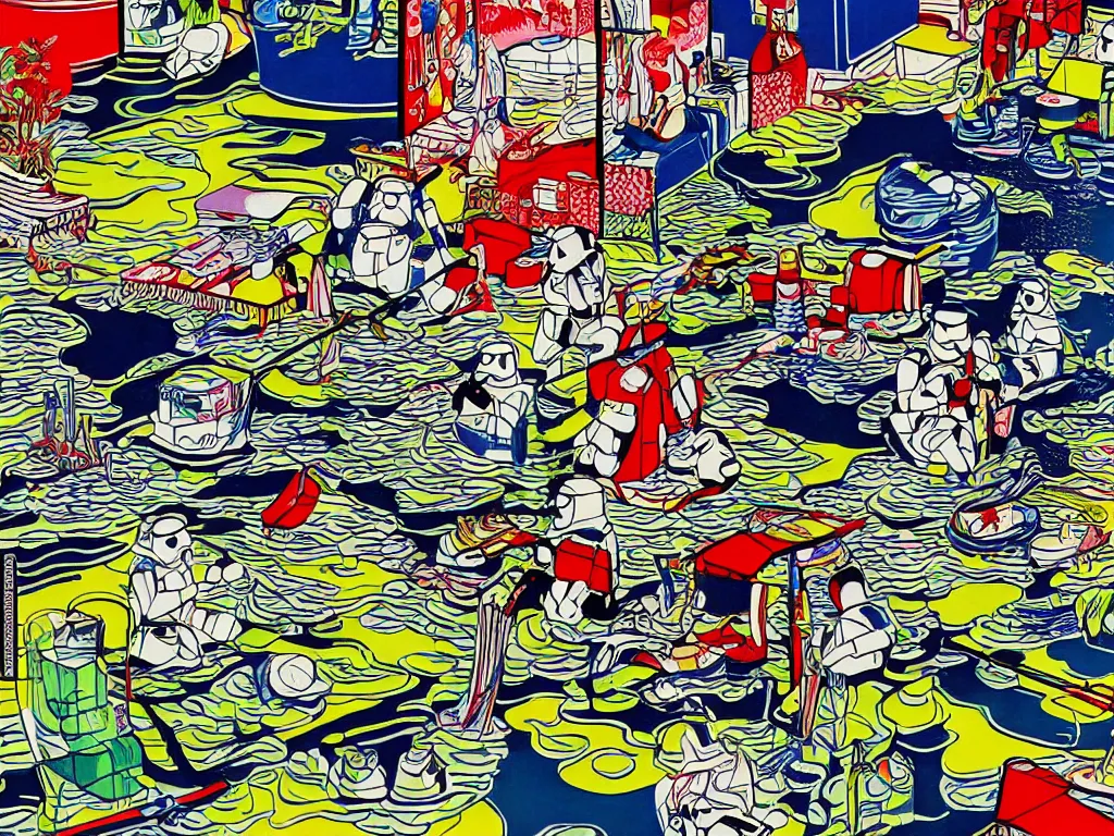 Image similar to hyperdetailed close - up image of a japanese house with a pond, stormtroopers sitting around it, in style of pop - art, andy warhol, roy lichtenstein, jackie tsai, bright palette, acrylic on canvas