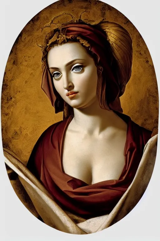Image similar to Madonna, face closeup, dressed in roman clothes, ultra detailed, art by Guido Reni style