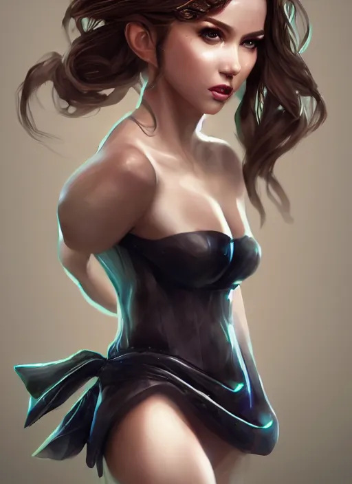 Image similar to beautiful fashion goddness, strapless dress, character portrait in the style of thomas river and artgerm, wlop, cinematic lighting, hyperdetailed, 8 k realistic, symmetrical, global illumination, radiant light, halo, love and mercy, frostbite 3 engine, cryengine, dof, trending on artstation, digital art, chanel