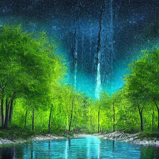 Prompt: professional photograph of a forest of trees. little specs of fireflies and a river in between leading to a water fall, photo realism, perfect lighting
