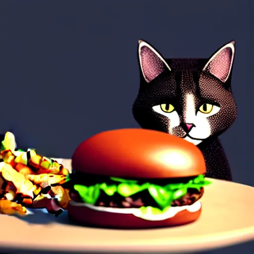 Prompt: a cat burger hybrid, with fries, volumetric lighting, 4 k