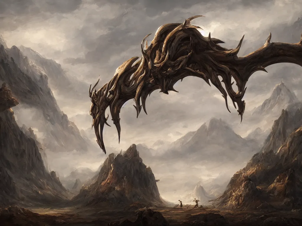 Prompt: a vast landscape painting of a giant skull with horns laying between the mountains, impaled on a sword, trending on artstation, high quality concept art, fantasy