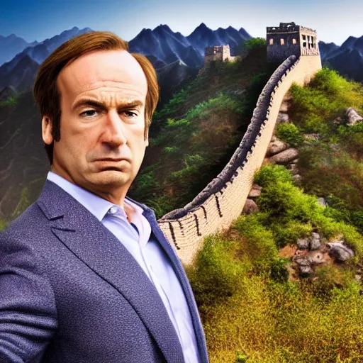 Prompt: saul goodman next to the great wall of china, hyper realistic, smooth lighting, mid shot